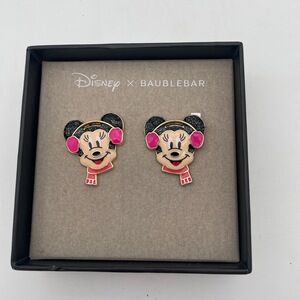 New Disney X BaubleBar Minnie Mouse Stud Earrings Pink Black Glitter winter‎